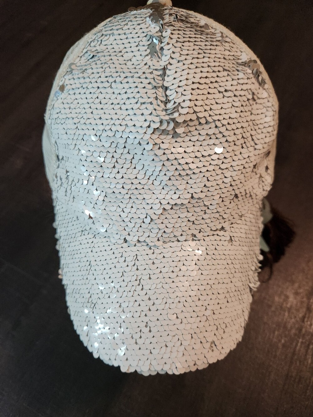 Sequined White Accent Baseball Cap - Ponytail Hole